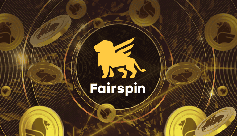 Golden lion logo with coins and digital effects, c.  Fairspin Casino Online