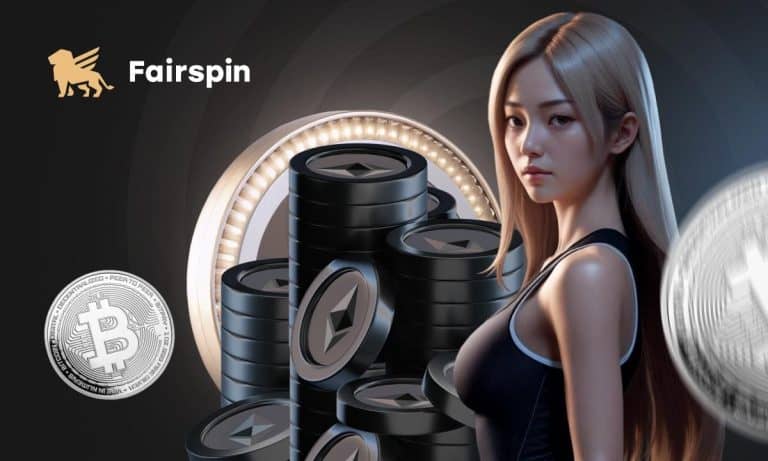 Young woman with cryptocurrency coins at Fairspin.  Fairspin Casino Online